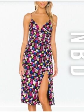 NBD Josefien Midi Dress Painted Dot Ruched Wedding Guest Garden Party S